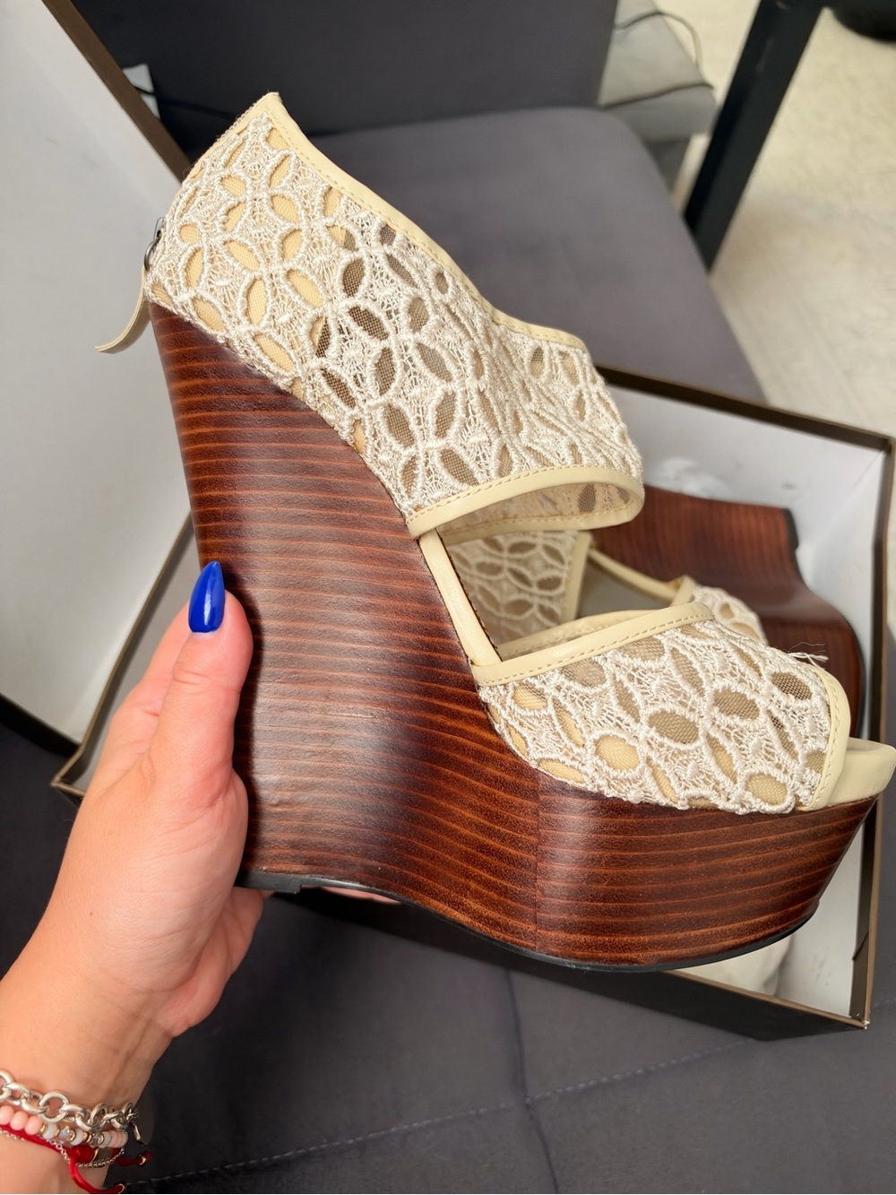 Lace Peep-Toe Wedge Sandals in Cream